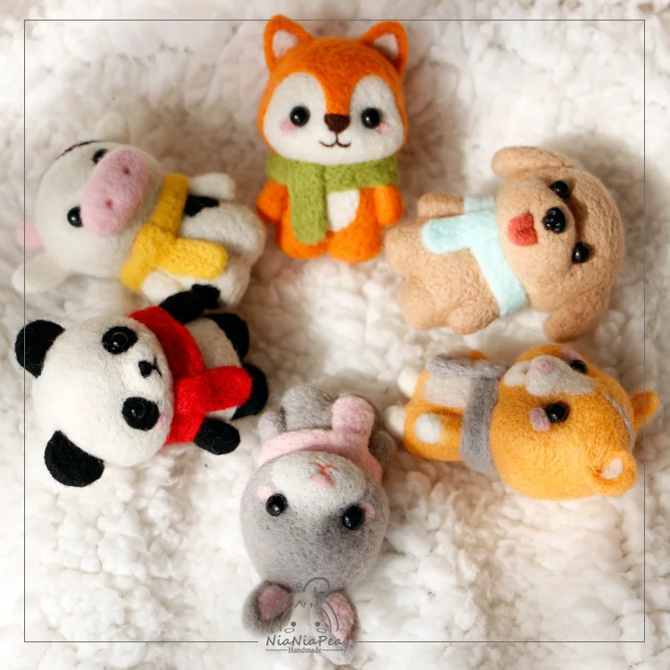 Original DIY cute cartoon puppy cow panda fox bunny hamster handmade felted wool little farm animals stuffed plush toys gift | Игрушки и