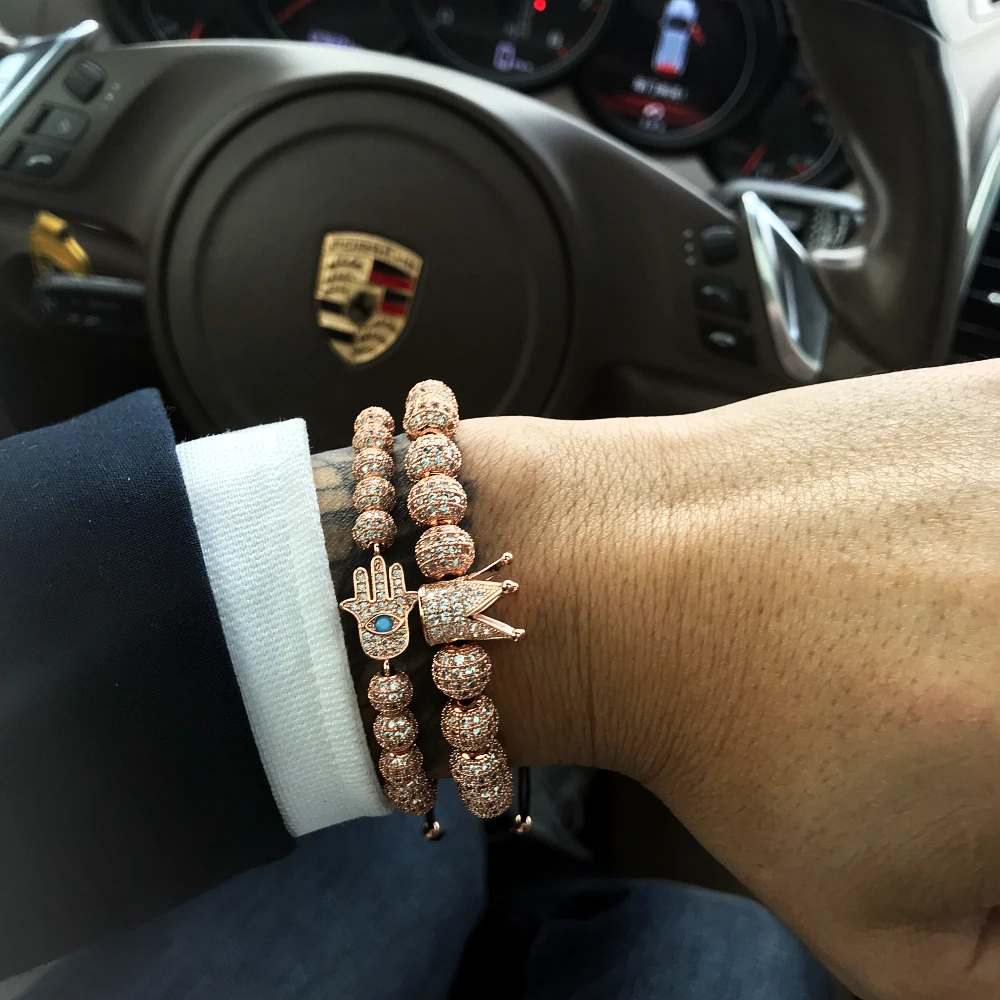 Men Bracelet/Rose Gold/Bracelets Pave Setting White CZ Ball Bracelet with 6mm 8mm Stainless Steel Bead Braided Luxury Jewelry | Украшения и