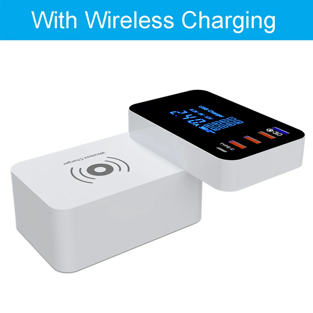with wireless charge 5 Порты и разъёмы Smart USB Зарядное устройство Тип C станция Быстрый Зарядное устройство 3,0 Led Дисплей QI Беспроводной Зарядка адаптер питания для быстрой зарядки для рабочего стола - Тип штекера: with wireless charge