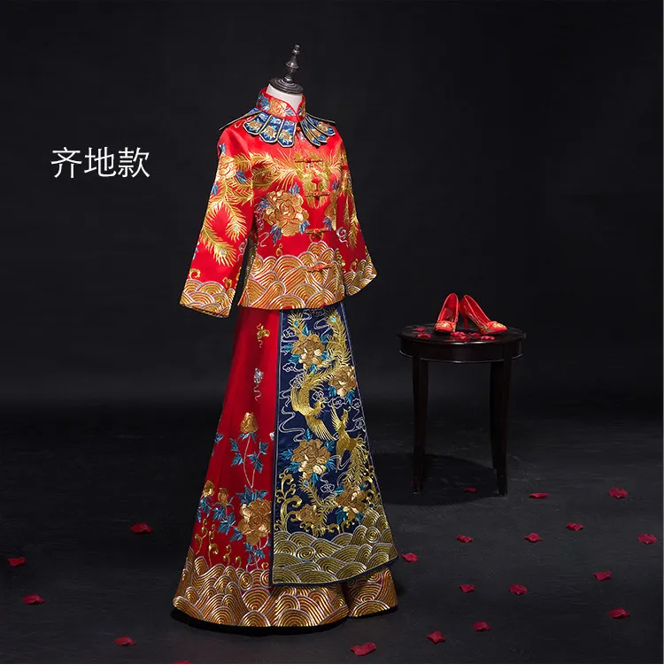 Длинное китайское свадебное платье невесты Cheongsam Qipao Ретро длинное Цветочное платье с рисунком Феникса китайская пара свадебный наряд жениха