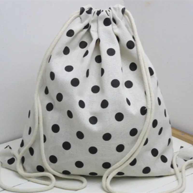 

YILE Cotton Linen Drawstring Travel Backpack Student Book Shoes Bag Print Black Dots B03