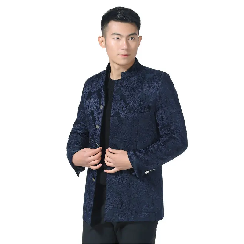 Blue Tunic Coat Мужской этнический костюм, пальто, воротник-стойка, туника, куртки, мужские, синий, красный, Tangzhuang, Мужской Жаккардовый переплетенный костюм Mao, Восточный Kong Fu, пальто - Цвет: Blue Tunic Coat