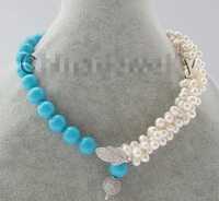 free shipping 809 3row 18 7 8mm white freshwater pearl 12mm blue color sea shell pearl necklace