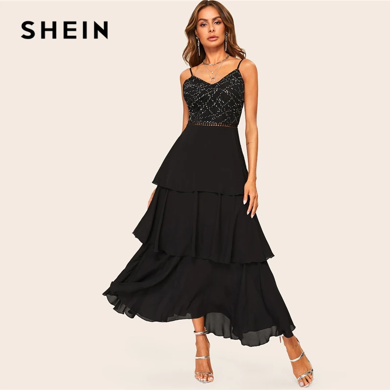 SHEIN Платье На Бретелях С Оборками И Пайетками, Вечернее Платье С Блестками На Бретельках, Нарядное Платье Без Рукавов