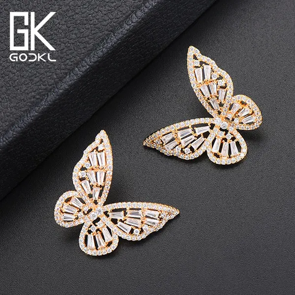 Gold GODKI модные корейские серьги-гвоздики с бабочкой для женщин, свадебные кубические циркония с кристаллами в богемном стиле, Дубай, свадебные серебряные серьги-гвоздики - Окраска металла: Gold