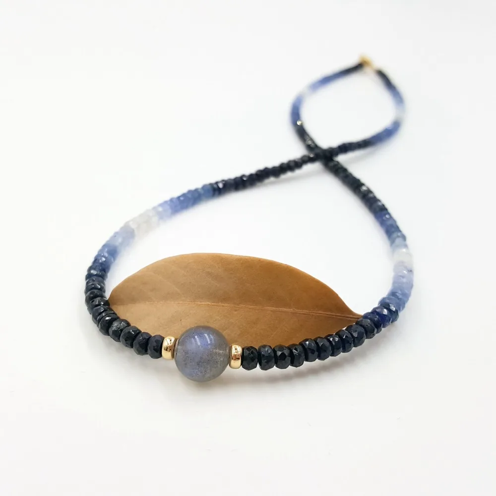 

Lii Ji Blue Sapphire Labradorite Necklace Natural Gemstone Sparkling Beads 9K GF/18K Yellow Gold Clasp Necklace Delicate Jewelry