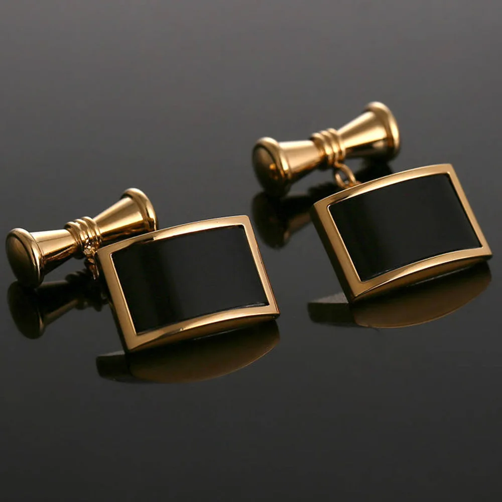 VAGULA Cufflinks Luxury gift Suit Shirt Gemelos 24K Gold-color Button Chain Black Stone Cuff links Men Jewelry Drop ship 135 | Украшения и
