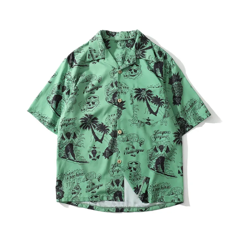 Green GONTHWID, граффити, фламинго, пальма, ананас, Череп, принт, Гавайские пляжные рубашки, летние мужские повседневные рубашки с коротким рукавом, Aloha, мужская рубашка - Цвет: Green