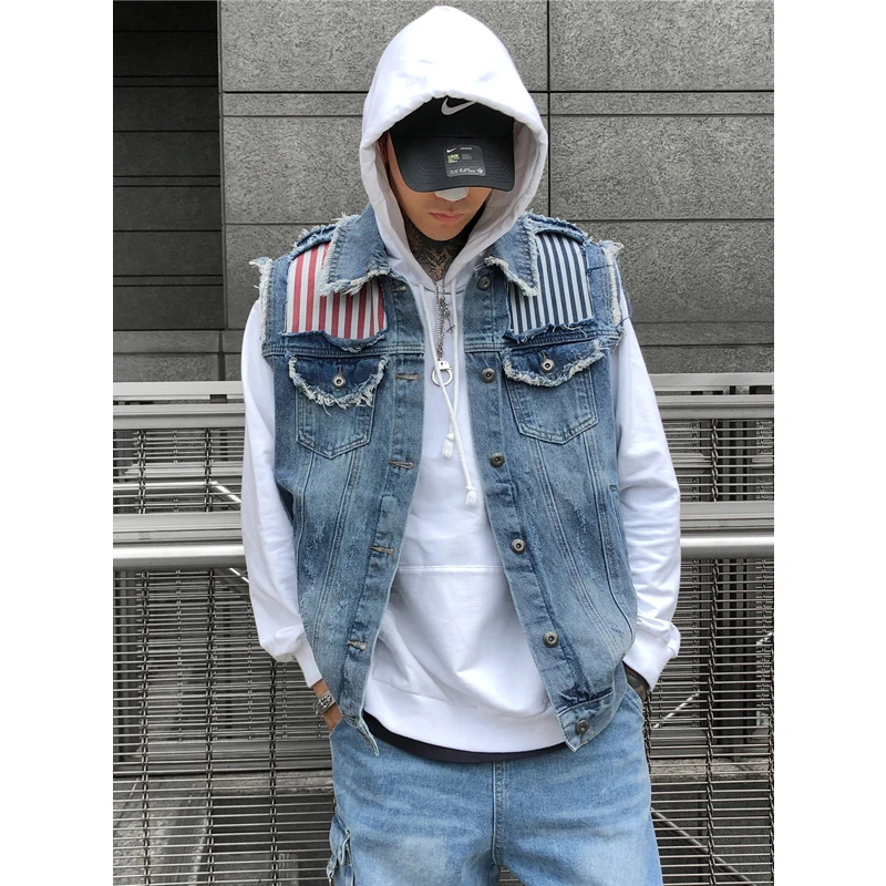 UNCLEDONJM лоскутный джинсовый жилет с рваными рукавами уличная Верхняя одежда