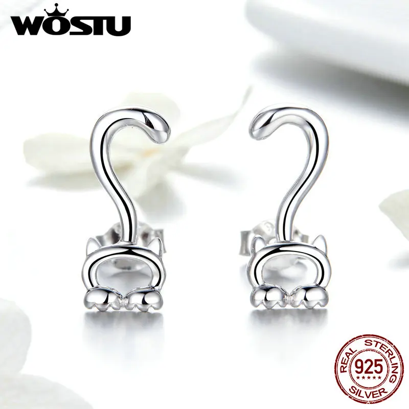 WOSTU Настоящее серебро 925 пробы Симпатичная кошка забавные серьги длинный хвост
