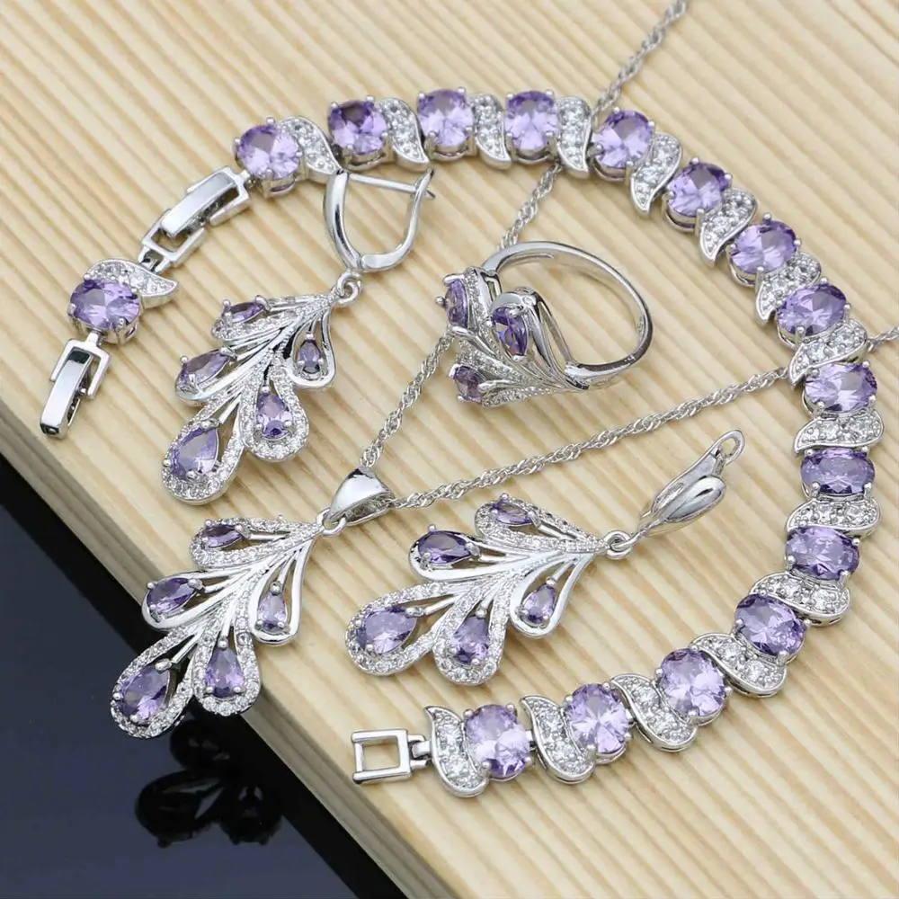 4pcs Натуральный 925 Серебряный свадебный ювелирный набор фиолетовый костюм CZ Ювелирные наборы для женщин серьги/кулон/кольца/браслет/ожерелье набор - Окраска металла: 4pcs