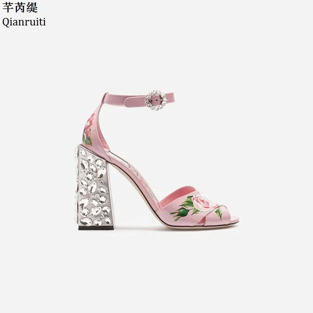 Qianruiti Printing Leather Women High Heels Sandals Open Toe Buckle Strap Pumps Studded Crystal Block Shoes | Обувь