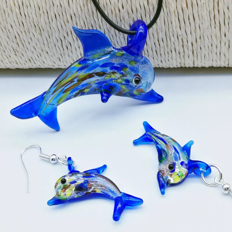 

6Sets Navy Blue Dolphin Lampwork Glass Murano Bead Necklace Earring