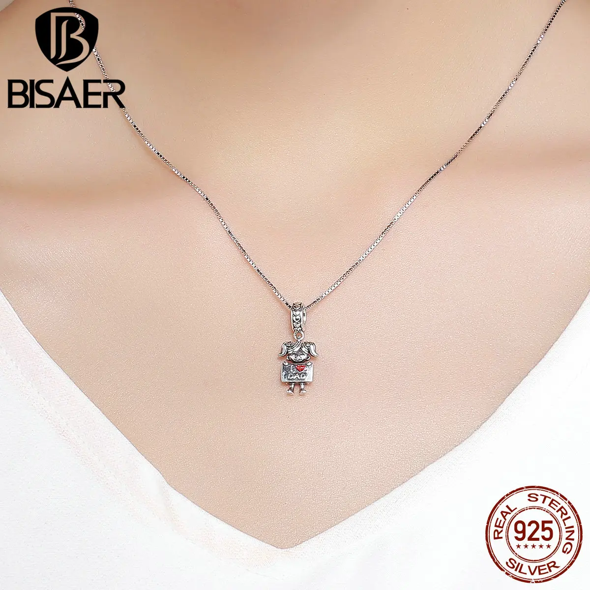 BISAER Подвески Серебро Оригинал 925 пробы серебро принт I love Dad Девушка Подвеска для