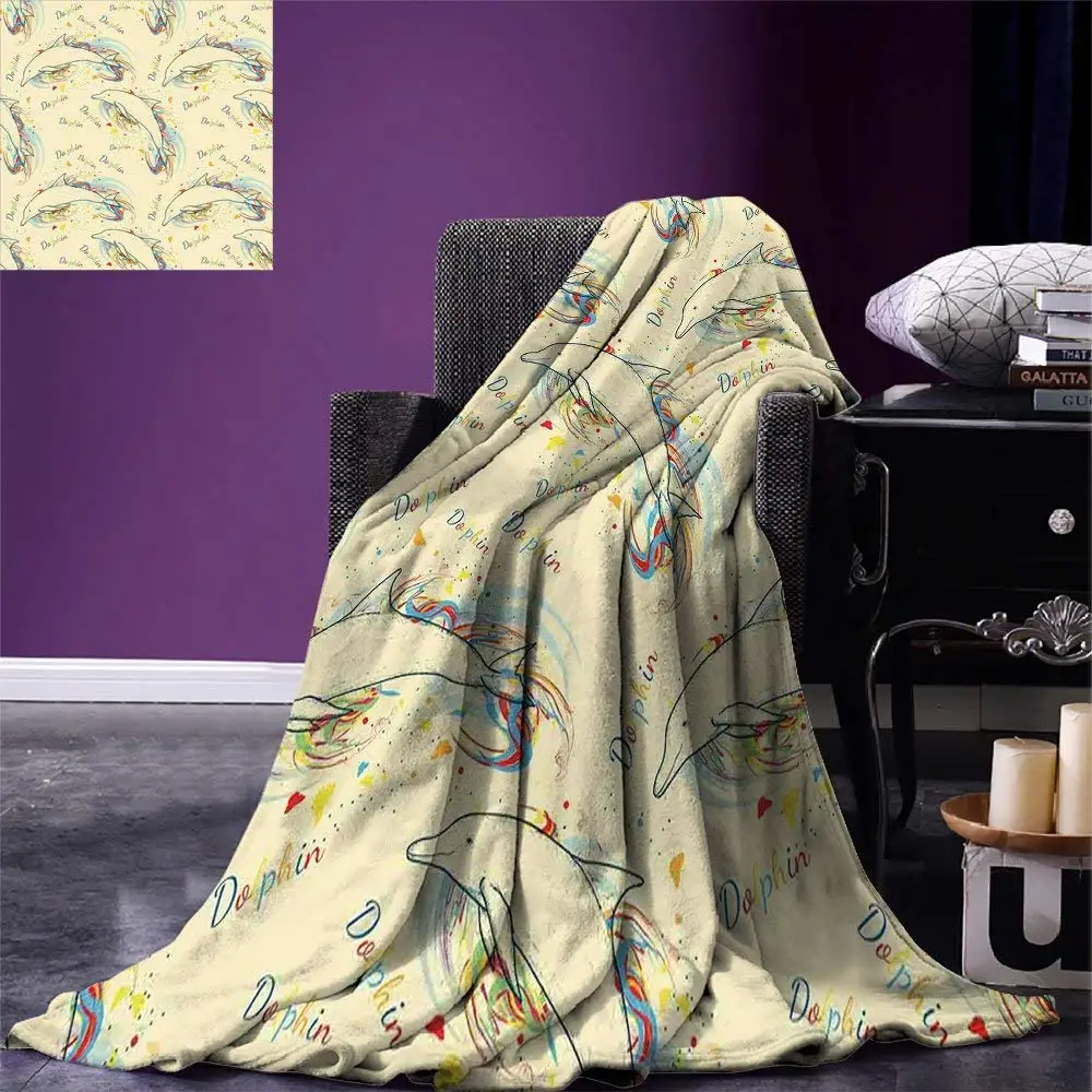 Sea Animals Throw Blanket Sketch of Dolphins with Colorful Butterfly Ornamentals Ocean Life Illustration Warm Microfiber | Дом и сад