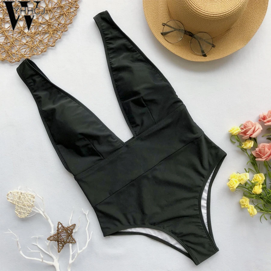WYHHCJ Cut Swimwear Women 2019 Solid Swimsuit Female High Waist Monokini V-Neck Sexy Bathing Suit Swim Black Red Bodysuits | Женская