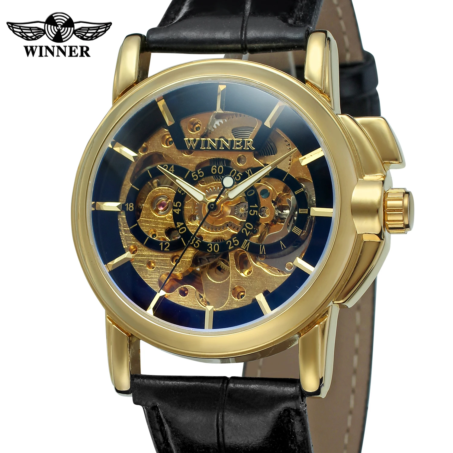 

Часы наручные Winner Мужские механические, брендовые роскошные золотистые с кожаным ремешком, с рисунком скелета, модные