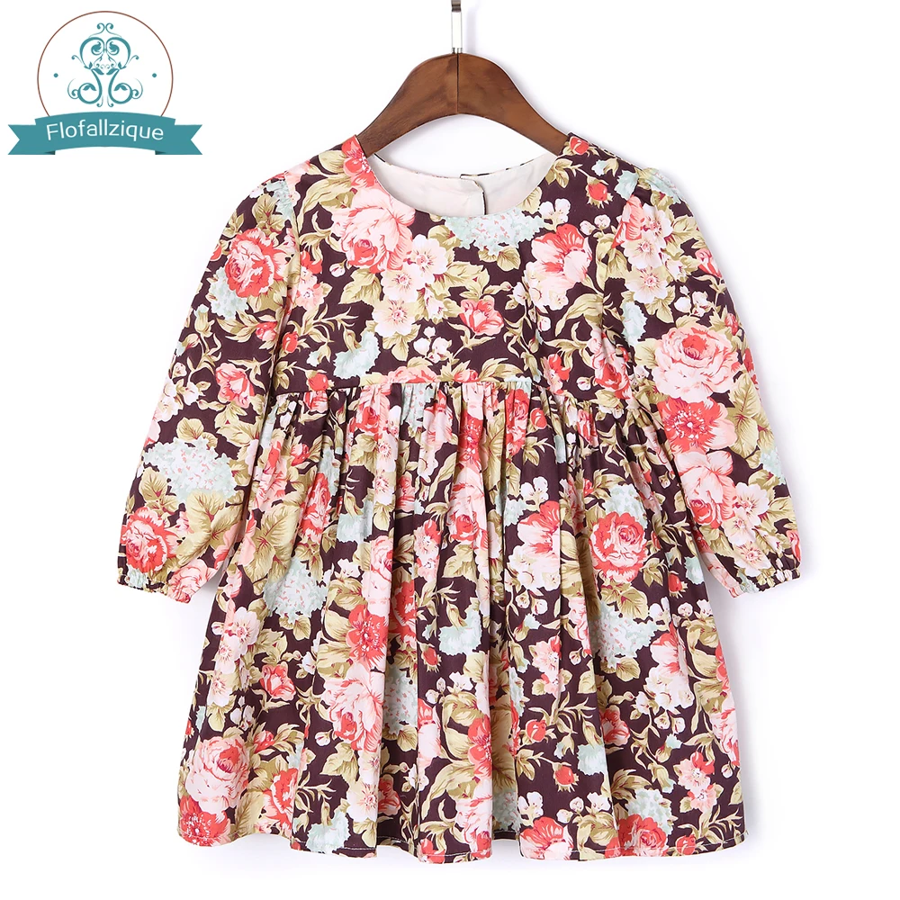 Baby Girl Autumn 2018 Cotton Casual Vintage Rose Floral Print Long Sleeve Kids Dresses For Party Toddler Clothes vestido |