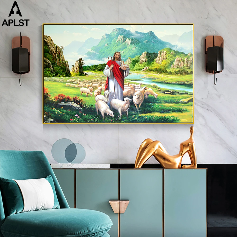 Добрый Пастырь Иисус Христос Святой ягненка Печать на холсте викторианской