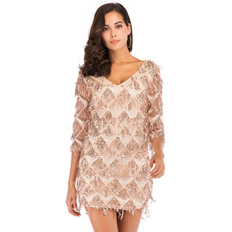 Сексуальное женское клетчатое платье с кисточками и блестками элегантные