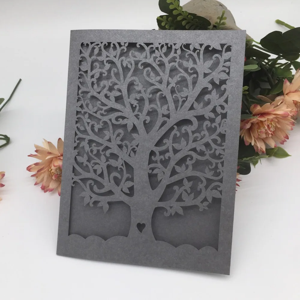 

50pcs/lot Pink Loveheart Tree Pearl Paper Card For Wedding Invitations Wedding Birthday Party Invitations Greeting Card