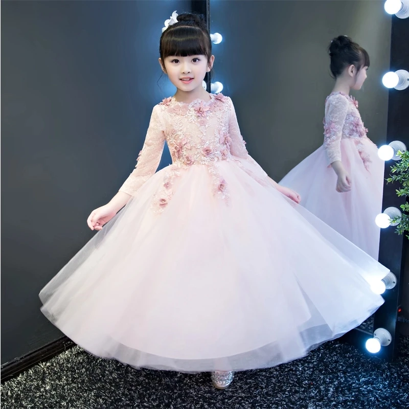 2017 Long Sleeve Flower Girls Dresses For Wedding Pink Lace Girl Formal Birthday Party Dress Princess Gown Kids Autumn Vestido | Детская