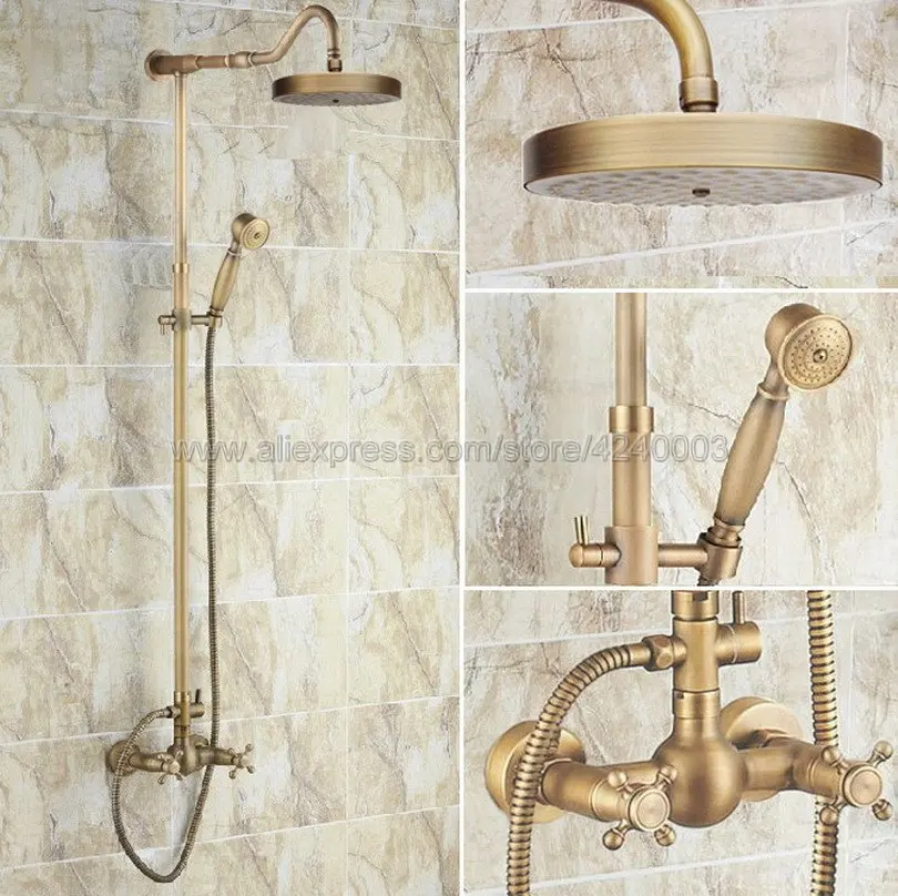 

Antique Brass Bathroom Rainfall Shower Faucet Set Mixer Tap With Hand Sprayer Wall Mounted Bath Shower Sets Double Handle Krs132