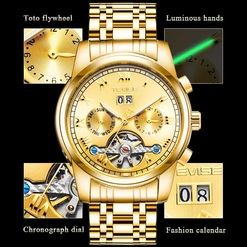 

Tevise Men's Automatic Watch Fashion Gold Stainless Steel Tourbillon Movement Moon Phase Mechanical Men's Watch Montre Homme