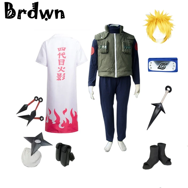 Brdwn Наруто Konoha Hokage Namikaze Минато косплей костюм полный комплект(костюм+ жилет+ плащ+ повязка на голову+ обувь+ кунай+ сумка+ шурикен