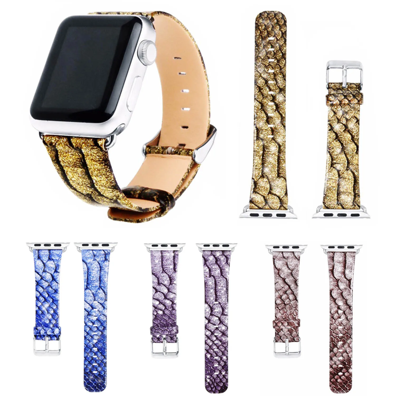Блестящий кожаный браслет с узором под змеиную кожу для Apple Watch Series 3 2 1 в стиле