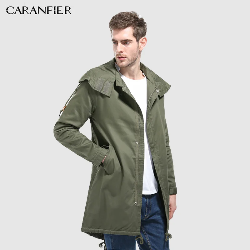 CARANFIER мужские толстовки с капюшоном мужские куртки, пальто Зимняя модная однотонная куртка Осенняя Повседневная Уличная Мужская Средняя/Длинная ветровка с шапкой