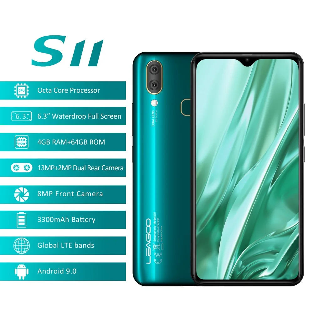 LEAGOO S11 4 Гб 64 Гб мобильный телефон Android 9,0 6," дисплей капли воды Helio P22 Восьмиядерный 13MP двойная камера отпечатков пальцев Смартфон