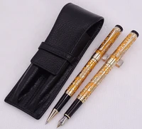 jinhao 5000 orange golden fountain pen roller pen with real leather pencil case bag washed cowhide pen case holder writing set