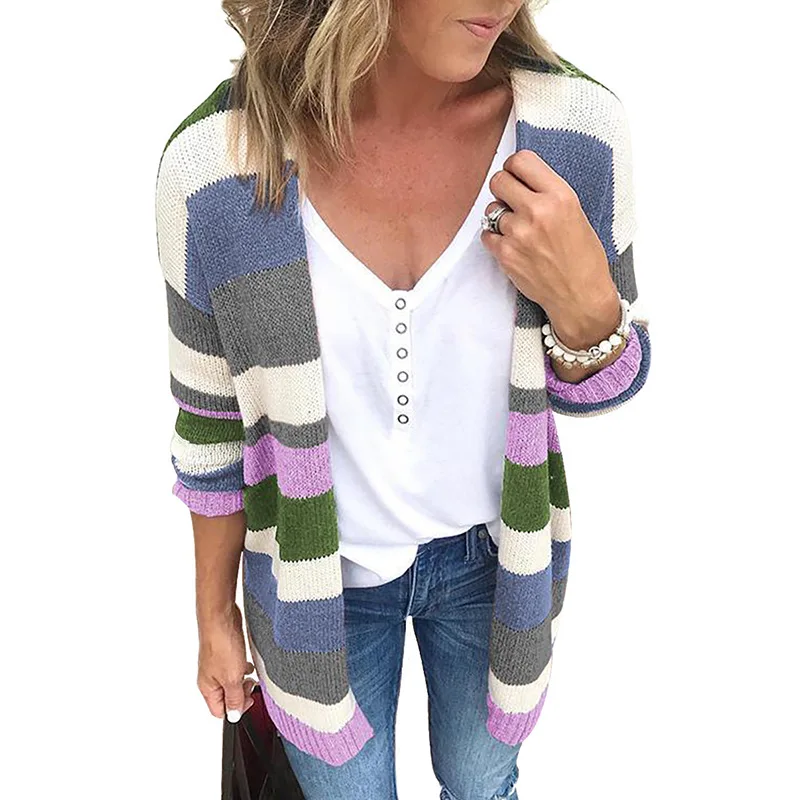 Colour Rainbow Striped Knitted Cardigan Women For Autumn 2020 Winter Long Sleeve Tops Designer Sweater |