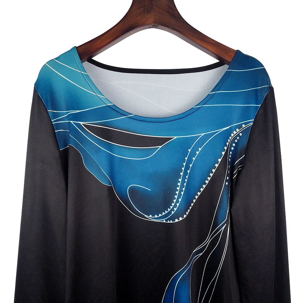 Женская модная синяя футболка с длинным рукавом и круглым вырезом элегантные