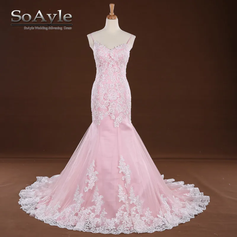 

SoAyle Elegant Lace Wedding Dress Mermaid Spaghetti Straps Pink Wedding Dresses V Neckline Appliques Lace Up vestido de noiva