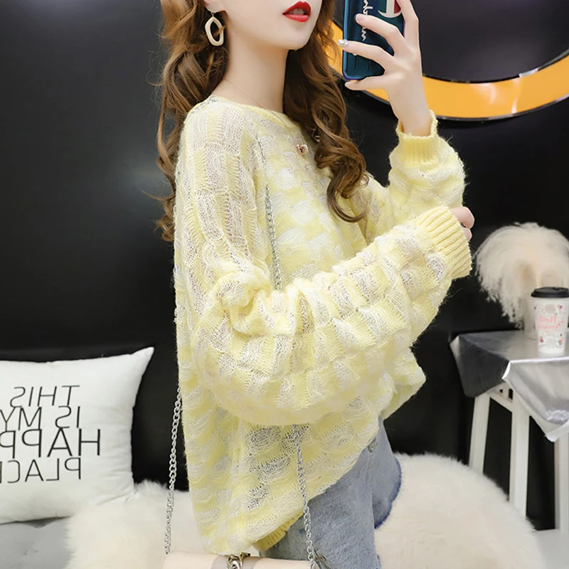 Hollow-out sweater lady New Spring Autumn 2019 Pullover Soft Loose clothes Mohair O-Neck Long sleeves lattice textures pattern | Женская