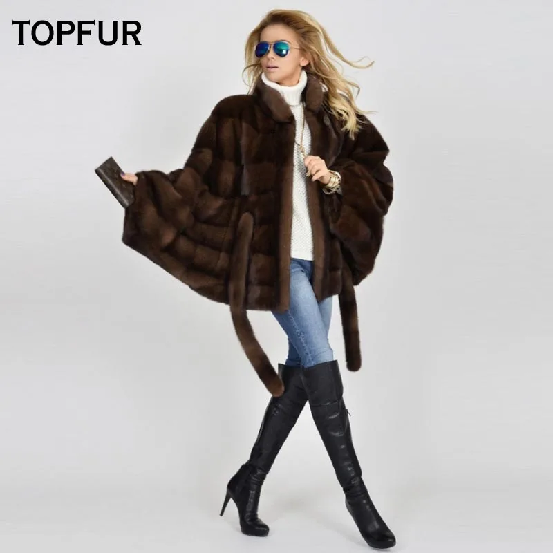 Женская короткая шуба TOPFUR коричневая из натурального меха норки с рукавом