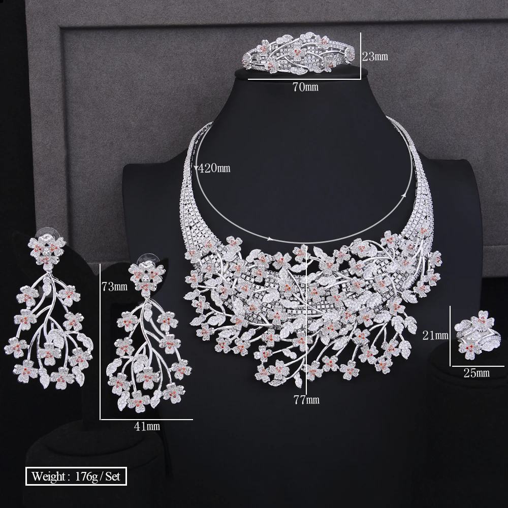 

missvikki Luxury Blooming flowers Bangle Earrings Necklace Ring Jewelry Set for Women Stage Performance Prom Party Bridal Gift