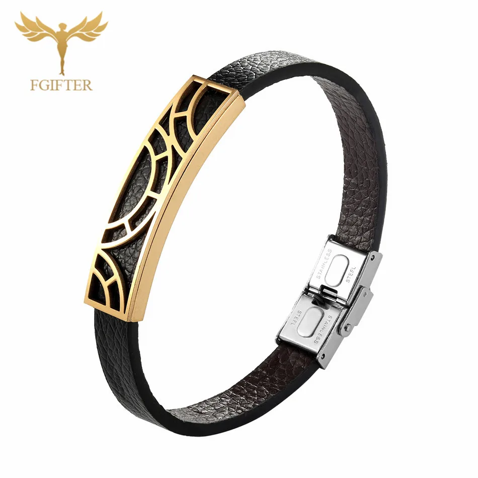 Bracelets Bangles Крутые мужские браслеты из натуральной кожи, геометрические браслеты из нержавеющей стали, мужские ювелирные изделия на заказ размеров - Окраска металла: Bracelets Bangles