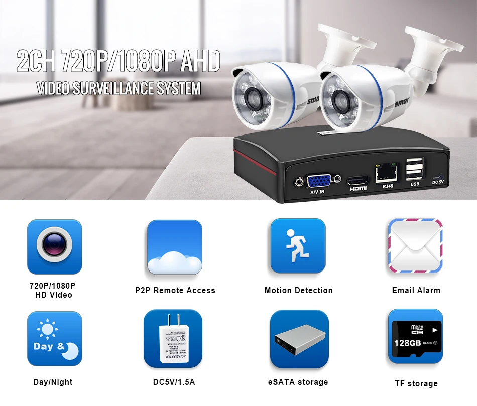 Sm4ch 1080N 5 в 1 AHD DVR комплект CCTV система 2 шт 720 P/1080 P AHD камера для помещений и улицы день и ночь камера безопасности комплект P2P бесплатно