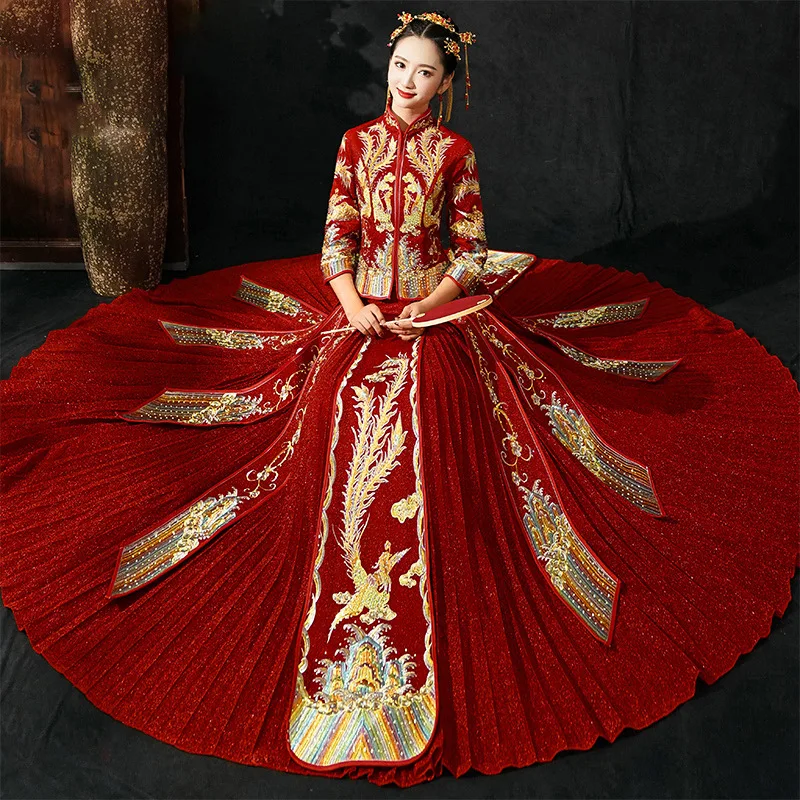 Красный с длинным рукавом Китайский традиционный свадебный платье для женщин