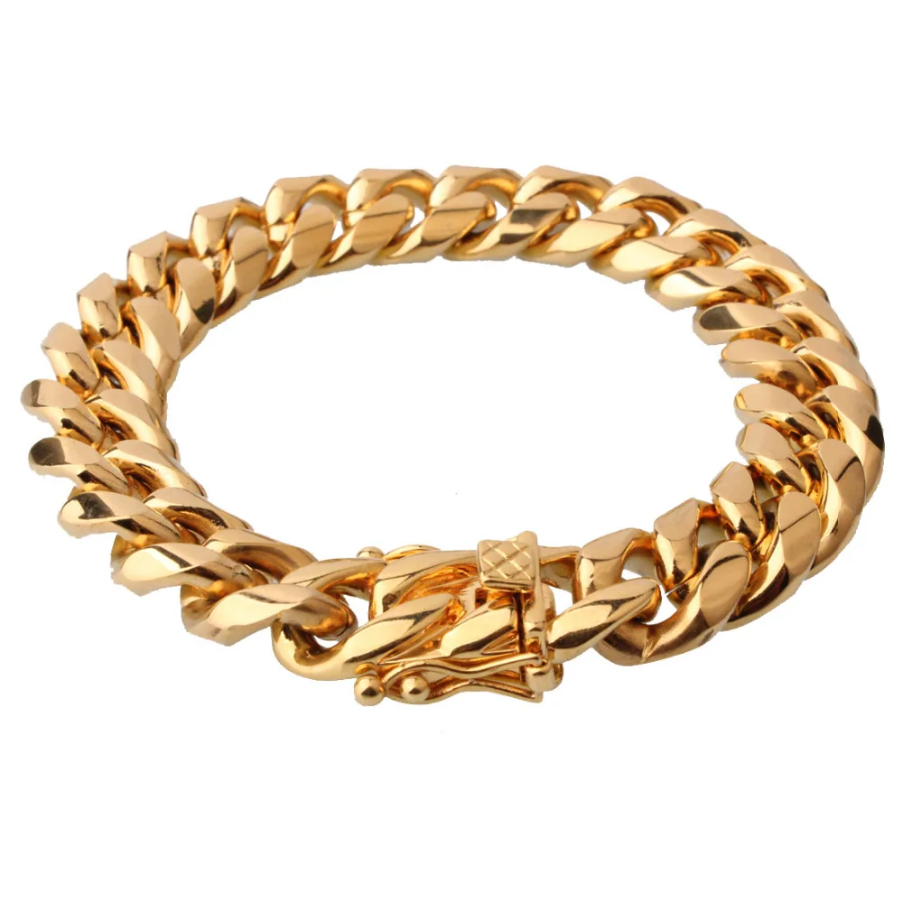 

15mm Wide 7-11inches Free Choose Gold Color Stainless Steel Miami Curb Cuban Link Chain Bracelet Jewelry Cool Men's Cuff