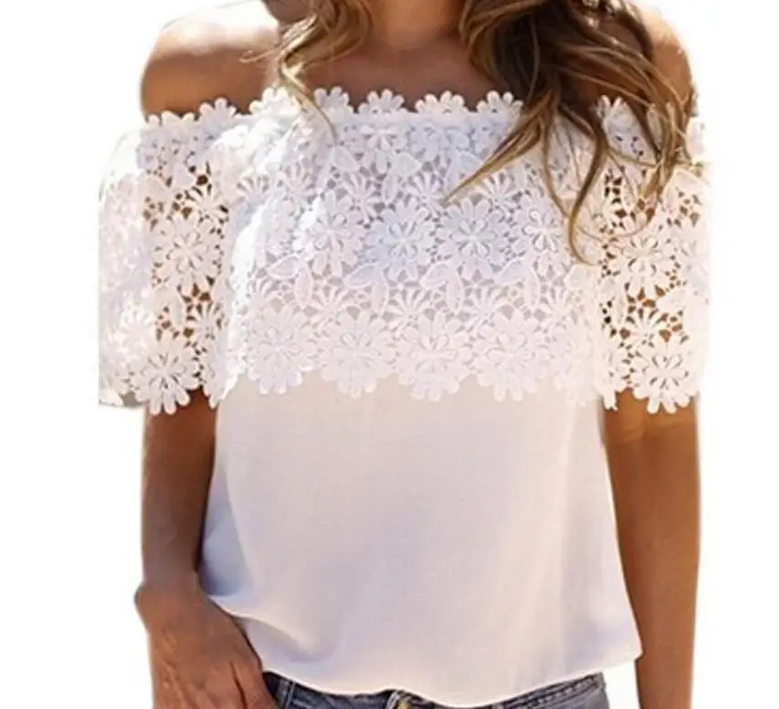 S-6XL Women Blouses Summer Solid White Sexy Tops Off Shoulder Blouse Chiffon Lace Floral Shirts Plus size | Женская одежда