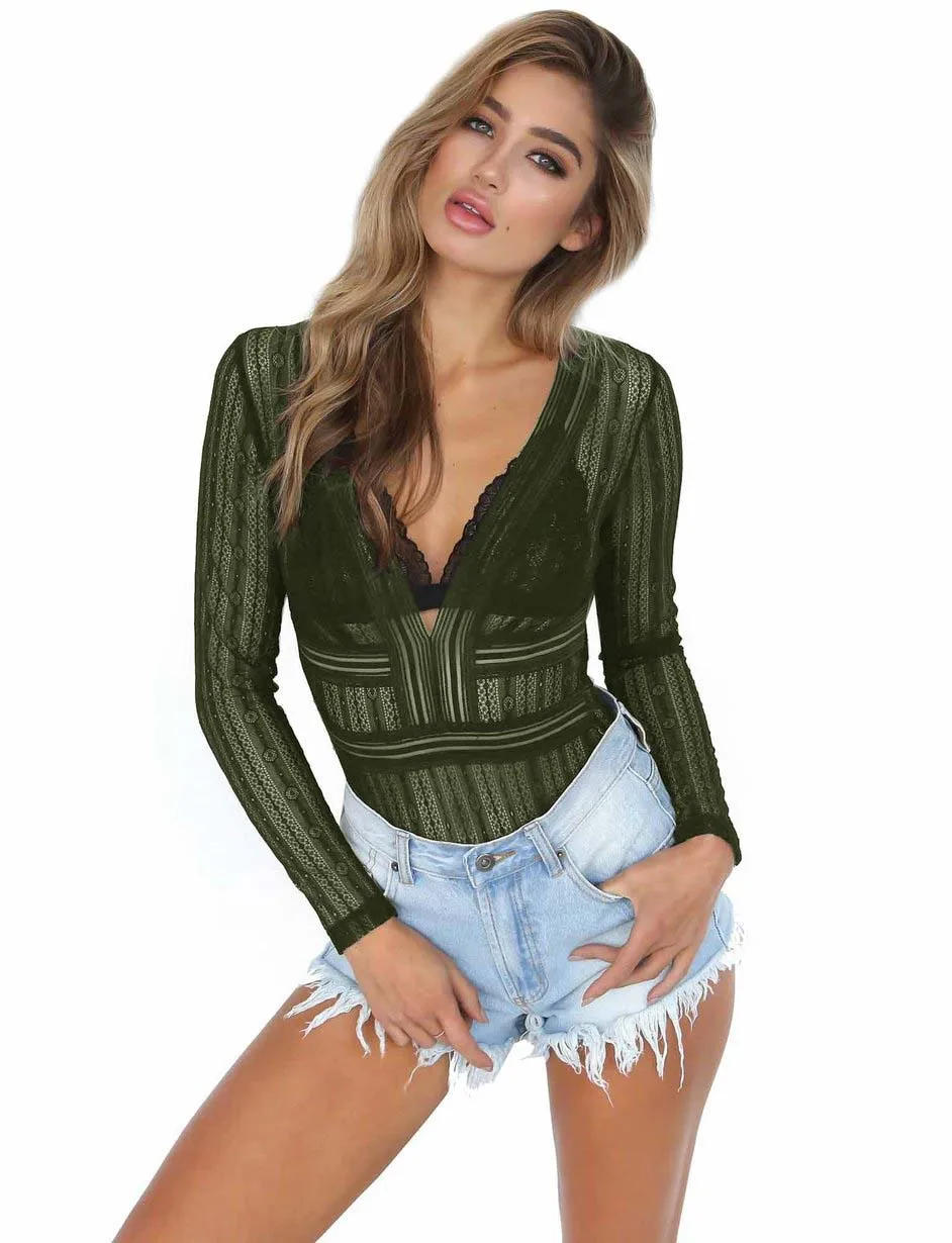 

DUOUPA Fashion Design Cropped Mesh Patchwork Long Sleeve Black Bodycon Playsuit Button Hook Unique Design Women Sexy Bodysuit