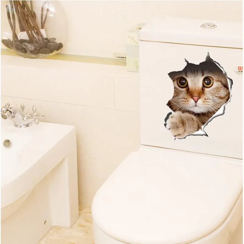 

2021 New Cute 3D Dog Cat Broken Wall Stereo Toilet Stickers Decor Home Stickers Fun Animal Wall Stickers