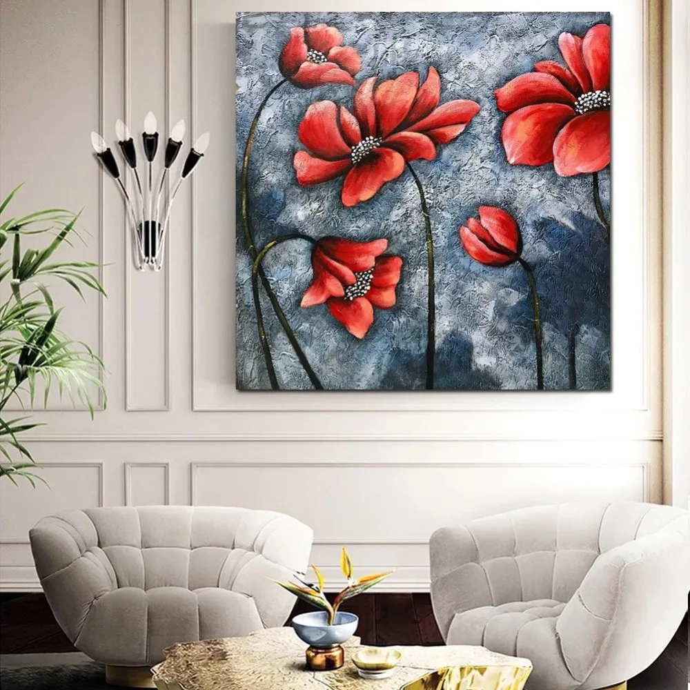 Ручная роспись абстрактная картина маслом в красных тонах цветы серый на холсте