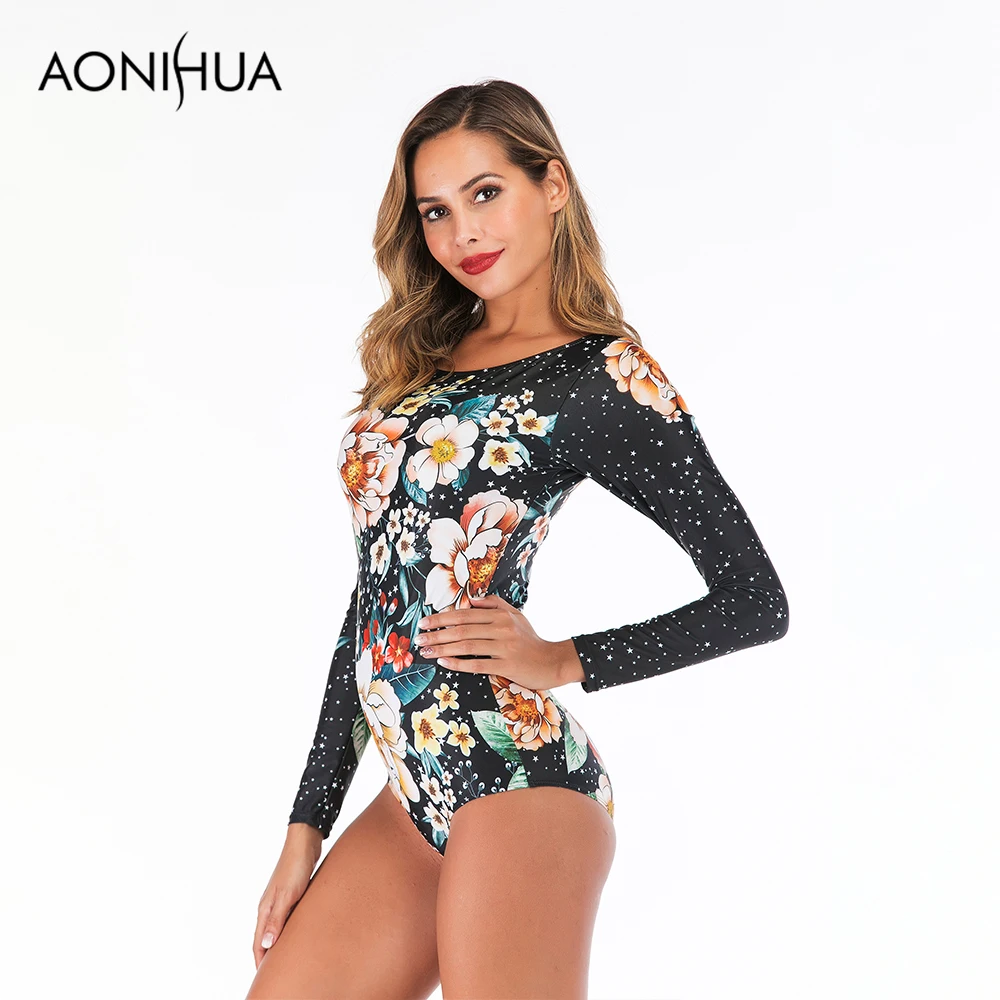 Слитный купальник Aonihua 2019 с цветочным принтом и подушечкой длинным рукавом