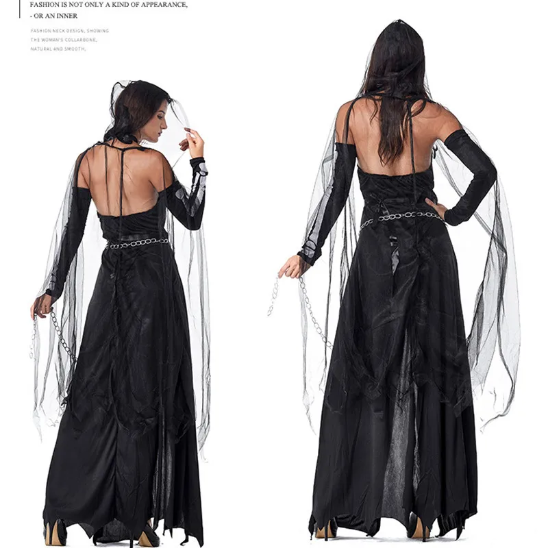 

Gothic Woman Black Sorceress Cosplays Female Halloween Grim Reaper Witch Costume Carnival Purim Masquerade Nightclub Party dress
