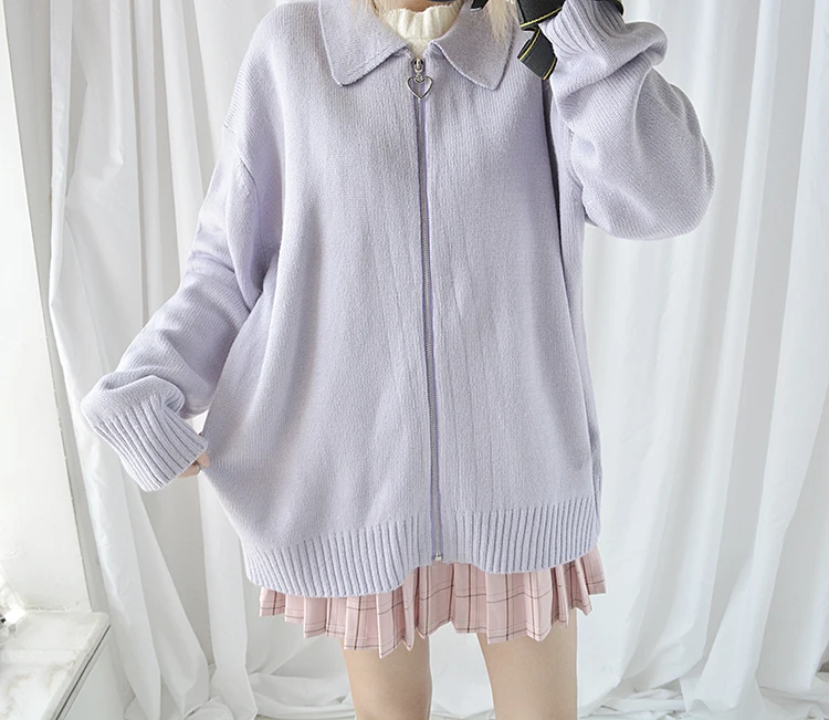 Cute Pure Color Heart Zipper Women's Sweater Preppy Style Long Sleeve Turn Down Collar Knitted Cardigan Teen Girls Sweaters 2018 |